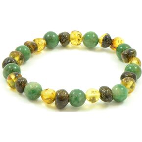 Amber Bracelet for Adults Mixed with African Jade Beads - 7 inches (18 cm) - Green Color - Made on Elastic Band - (7 inches (18 cm), Green Amber/African Jade) (0053)