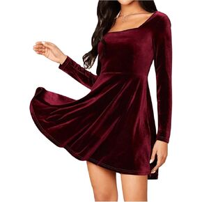 Women's Square Neck Long Sleeve Velvet Dress High Waist Elegant Flared Dresses
