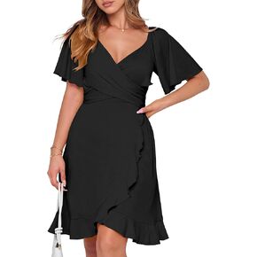 Caracilia Womens Wrap V Neck Party Mini Dress Summer Casual Short Sleeve Tiered Belted Ruffle Hem Formal Dresses