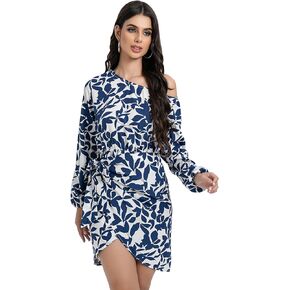 Women's Long Sleeve Off Shoulder Printed Casual Dress with Belt Mini Dresses