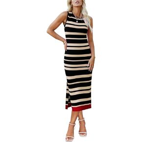 Zeagoo Womens Bodycon Midi Dresses Summer Casual Sleeveless Dress Women Knit Side Slit Striped 2025 Long Tank Dress