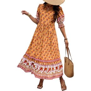 PRETTYGARDEN Boho Dresses for Women 2024 Summer Smocked Puff Sleeve Bohemian Floral Maxi Dress Beach Sundress