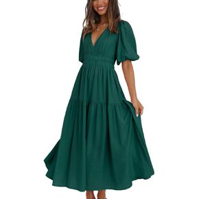 Womens Deep V Neck Puff Short Sleeve Tired Maxi Dress Boho Long Flowy Summer Dresses