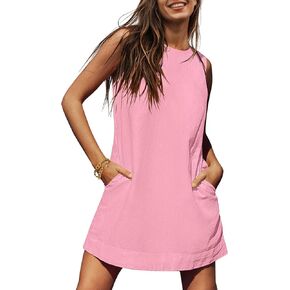 فستان نسائي صيفي قصير من الكتان بدون أكمام من UEU، كاجوال بياقة دائرية وظهر مفتوح وقصير مع جيوب in Kuwait