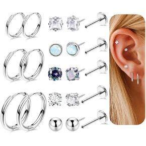 8Pairs 20G 316L Stainless Steel Tiny Threadless Flat Back Stud Earrings for Women Cartilage Stud Hoop Earrings Hypoallergenic CZ Opal Ball Small Helix Cartilage Huggie Hoop Earrings for Multiple Piercing