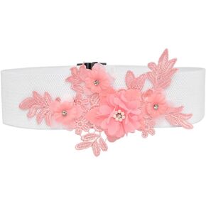 Women's Elastic Lace Waist Belt with Diamond Rose Flower for Stretch Corset Cinch Wide WaistBand Wedding Dress