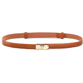 FAN&LOUIS Brown Belt Women, Skinny Waist Belt Ladies Adjustable Black Leather Belt with Gold Buckle for Dress,Jeans,and Coats