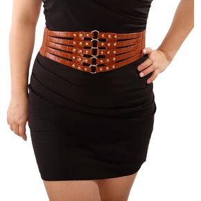 Jumwrit Pu Leather Wide Waist Belt Layered Hollow Out Rivets Cinch Belt Fashion Dress Tied Corset Elastic Stretch Waistband