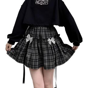 Harajuku Kawaii Goth Style Casual Elastic High Waisted Vintage Knot-Bow Trim Plaid Skirt for Women