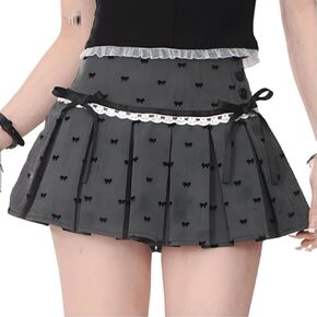 Women Kawaii Gothic Casual Style Zipper Vintage White Lace Trim Bow-Knot Print Grey Pleated Short Skirt