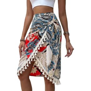 OYOANGLE Women's Boho Paisley Print High Waist Knot Front Tassel Trim Knee Length Skirts Vacation Skirt