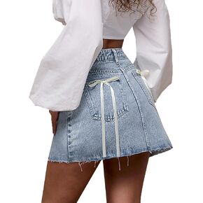 SHENHE Women's Low Rise Denim Mini Skirt A Line Raw Hem Tie Bow Y2k Jean Mini Skirt