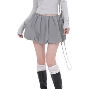 Women Y2k Bubble Mini Skirt Solid Color Casual Lantern Pleated Short Skirt Elastic Waist Puffy Ruffle Skirt