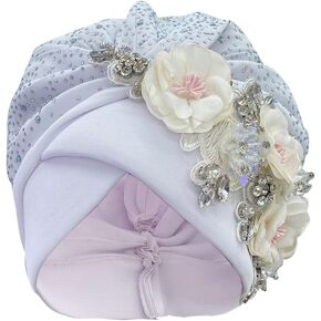 Luxurious African Women's Turban Cap Decorated with Rhinestone Bouquets Pleated Head Wraps Female Shinny Muslim Bonnet Hat (White)
