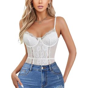 FEOYA Women’s Sexy Floral Lace Sheer Mesh Sleeveless Spaghetti Strap Skinny Cami Bodysuit Tops