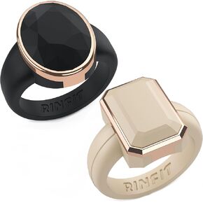 Rinfit Silicone Wedding Rings for Women - Rubber Engagement Bands - Stainless Steel Frame - Emerald/Oval - Black/Nude with Metal Rose Gold - Size 6