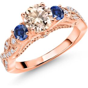 Gem Stone King 18K Rose Gold Plated Silver Peach Morganite Blue Created Sapphire and White Moissanite Engagement Ring For Women (1.15 Cttw, Gemstone October Birthstone, Round 6MM and 3MM)