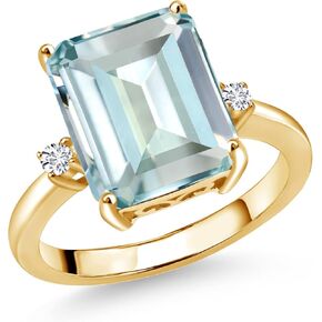 18K Yellow Gold Plated Silver 12X10MM Sky Blue Simulated Aquamarine and 2MM White Diamond 3 Stone Engagement Ring For Women | 5.48 Cttw | Gemstone March Birthstone | Available in Size 5,6,7,8,9