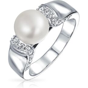 Bling Jewelry Criss Cross Twist Wedding Pave Band White Cultured 8-10MM Pearl Solitaire Engagement Promise Ring for Women CZ Side Stones Silver Plated