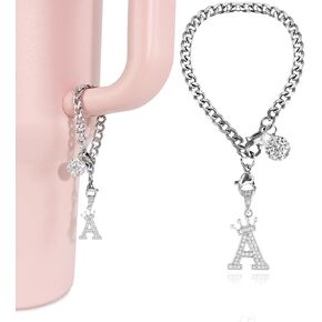 Silver Letter Charms for Stanley Cup- Crown Letter Charms Accessories for Stanley Handle 40Oz Tumblers Water Bottle Cup Initial Keychain with Diamond Glitter Jewelry Personalized Decorations L