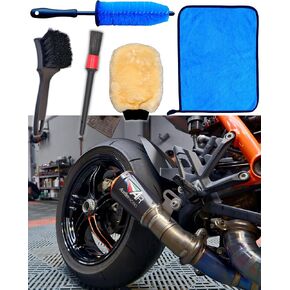 Motorcycle Cleaning Brush Kit 6 Pack, Easy Reach Brush, Chain Brush,Wool Wash Mitt, Stiff Tire Brush, Detailing Brush& Microfiber Towel for Motorcycle Mudguard, Rims,Exhaust, Frame Detailing Wash Kit