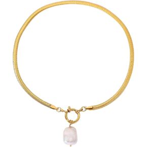 Natural Freshwater Pearl Necklace for Women,18k Gold Plated Snake Chain Stainless Steel Necklace,Trendy Jewelry for Women
