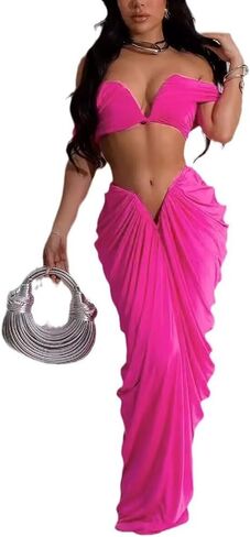 Womens Sexy Tube Tops and Ruched Pleated Skirts 2 Piece Sets Party Club Suits in Kuwait