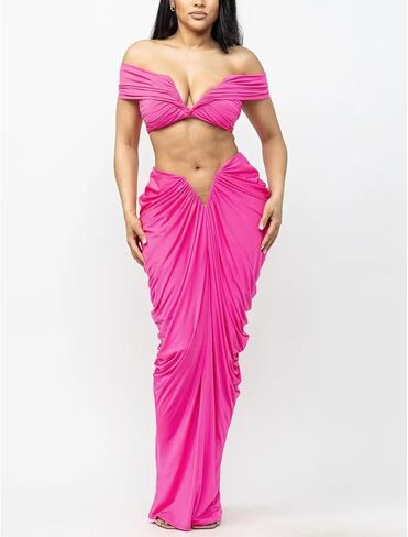 Womens Sexy Tube Tops and Ruched Pleated Skirts 2 Piece Sets Party Club Suits in Kuwait