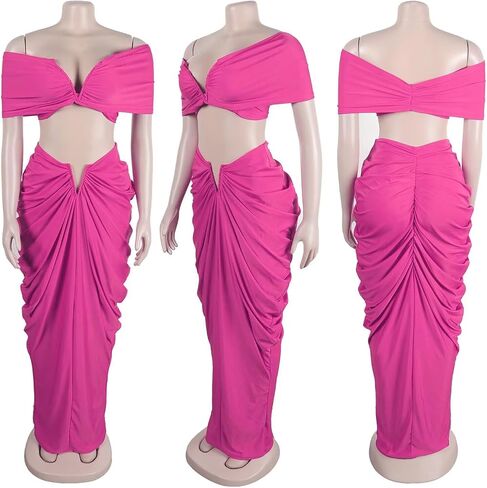 Womens Sexy Tube Tops and Ruched Pleated Skirts 2 Piece Sets Party Club Suits in Kuwait