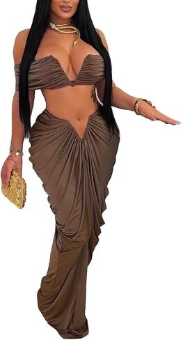 Womens Sexy Tube Tops and Ruched Pleated Skirts 2 Piece Sets Party Club Suits in Kuwait