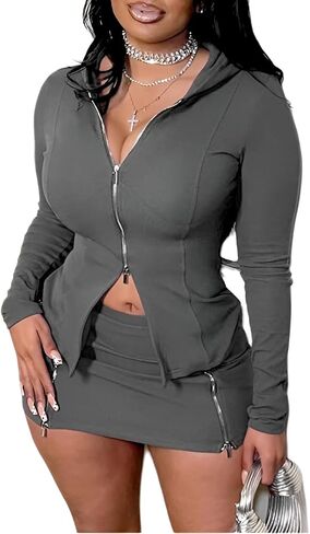 Women's Long Sleeve Zipper Waist-controlled Hoodie Top Short Skirt 2 piece Set in Kuwait