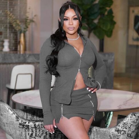 Women's Long Sleeve Zipper Waist-controlled Hoodie Top Short Skirt 2 piece Set in Kuwait