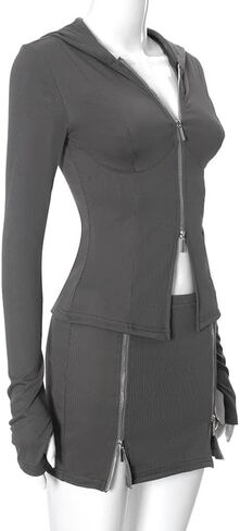 Women's Long Sleeve Zipper Waist-controlled Hoodie Top Short Skirt 2 piece Set in Kuwait