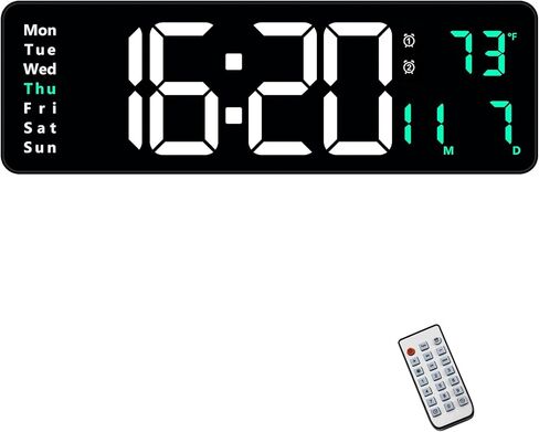 16" Large Digital Wall Clock, Remote Controll, 2 Alarms, LED Display, Temperature for Living Room, Bedroom, Desk, Mounted, Gift for Elderly (Green, 16 inches) in Saudi Arabia