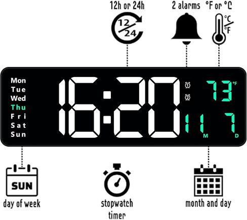 16" Large Digital Wall Clock, Remote Controll, 2 Alarms, LED Display, Temperature for Living Room, Bedroom, Desk, Mounted, Gift for Elderly (Green, 16 inches) in Saudi Arabia