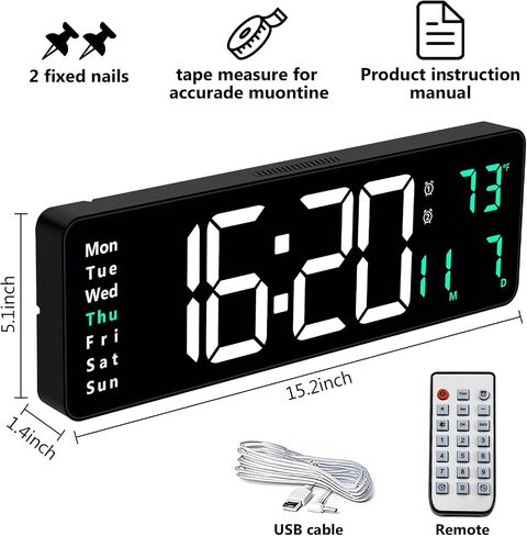 16" Large Digital Wall Clock, Remote Controll, 2 Alarms, LED Display, Temperature for Living Room, Bedroom, Desk, Mounted, Gift for Elderly (Green, 16 inches) in Saudi Arabia