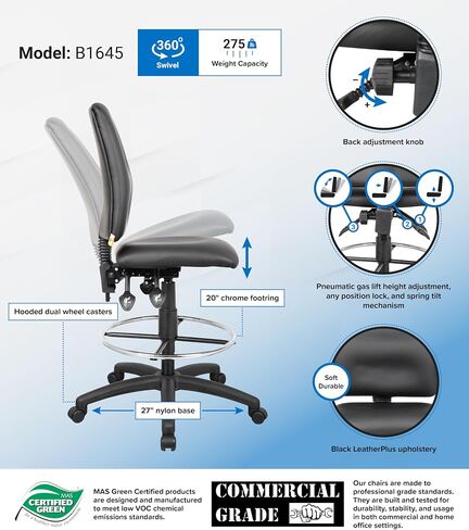 Boss Office Products B1645 Multi-Function LeatherPlus Drafting Stool without Arms in Black in Saudi Arabia