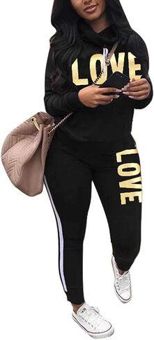 Angsuttc Women's Letter Print 2 Piece Outfits Cowl Neck Long Sleeve Sweatshirt and Pants Set Tracksuit in Kuwait