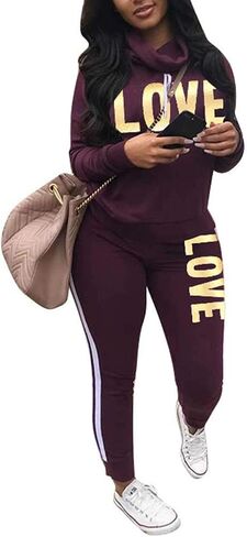Angsuttc Women's Letter Print 2 Piece Outfits Cowl Neck Long Sleeve Sweatshirt and Pants Set Tracksuit in Kuwait