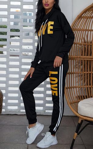 Angsuttc Women's Letter Print 2 Piece Outfits Cowl Neck Long Sleeve Sweatshirt and Pants Set Tracksuit in Kuwait