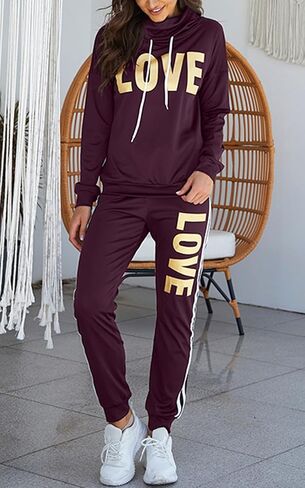 Angsuttc Women's Letter Print 2 Piece Outfits Cowl Neck Long Sleeve Sweatshirt and Pants Set Tracksuit in Kuwait