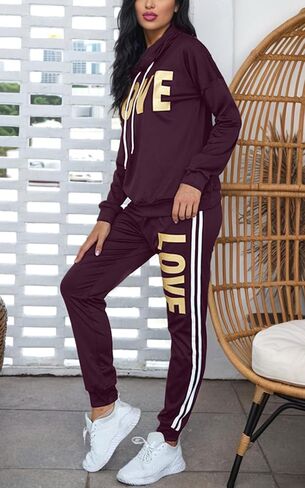 Angsuttc Women's Letter Print 2 Piece Outfits Cowl Neck Long Sleeve Sweatshirt and Pants Set Tracksuit in Kuwait