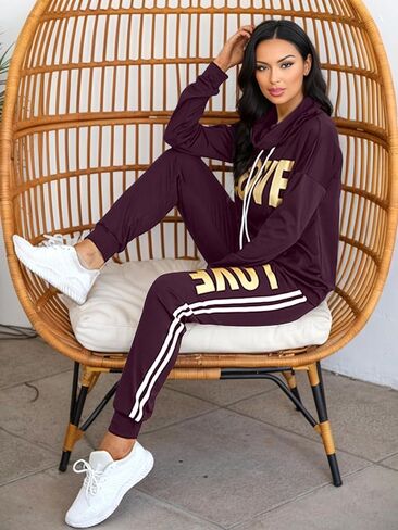 Angsuttc Women's Letter Print 2 Piece Outfits Cowl Neck Long Sleeve Sweatshirt and Pants Set Tracksuit in Kuwait