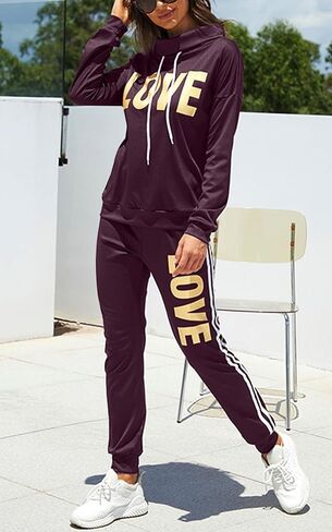 Angsuttc Women's Letter Print 2 Piece Outfits Cowl Neck Long Sleeve Sweatshirt and Pants Set Tracksuit in Kuwait