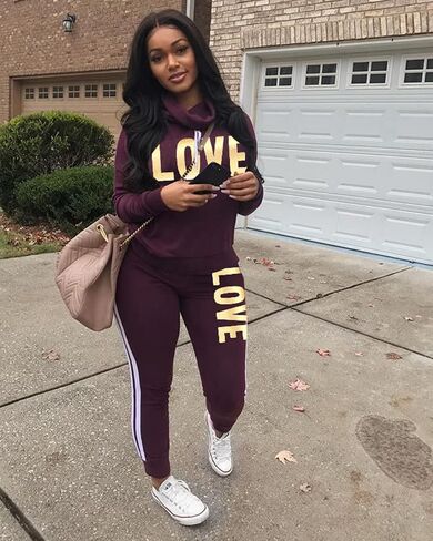 Angsuttc Women's Letter Print 2 Piece Outfits Cowl Neck Long Sleeve Sweatshirt and Pants Set Tracksuit in Kuwait