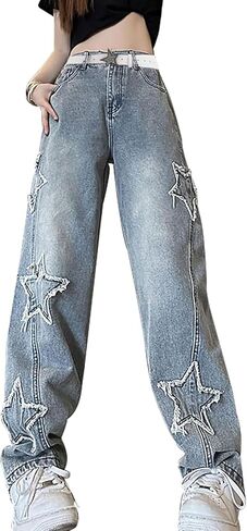 Womens Star Jeans Baggy Cargo Jeans Vintage Casual Y2K Outfits Straight Leg Denim with Pocket in Kuwait