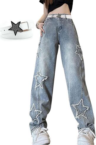 Womens Star Jeans Baggy Cargo Jeans Vintage Casual Y2K Outfits Straight Leg Denim with Pocket in Kuwait