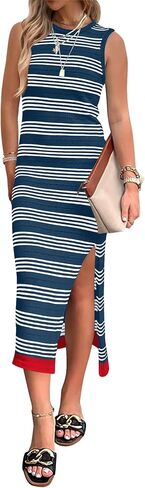 Zeagoo Womens Bodycon Midi Dresses Summer Casual Sleeveless Dress Women Knit Side Slit Striped 2025 Long Tank Dress in Saudi Arabia