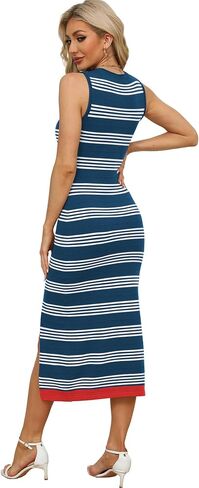 Zeagoo Womens Bodycon Midi Dresses Summer Casual Sleeveless Dress Women Knit Side Slit Striped 2025 Long Tank Dress in Saudi Arabia