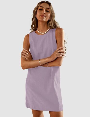UEU Womens Summer Sleeveless Linen Mini Dress Casual Crew Neck Open Back Short Sundress with Pockets in Saudi Arabia